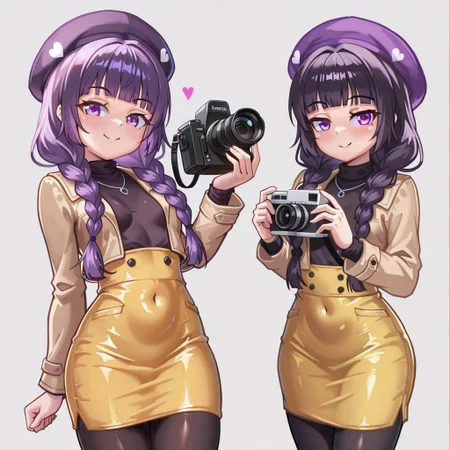 lazypos, girl focus, 1girl, pantyhose, purple eyes, skirt, blush, braid, covered navel, long hair, smile, yellow skirt, breasts, twin braids, hat, video camera, coat, looking at viewer, purple hair, small breasts, heart, black hair, simple background, shirt, pencil skirt, blunt bangs, black pantyhose, camera, grey background, freeze-ex, twgristyle