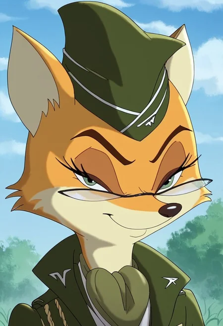 score_7_up, score_8_up, score_9, masterpiece,  high quality,
LtVixen, cartoon, anthro fox, fox ears, furry, orange fur, 1girl, female, adult, solo,
green military uniform, green military hat,
glasses, smiling, bedroom eyes, looking at viewer,
headshot, head view,