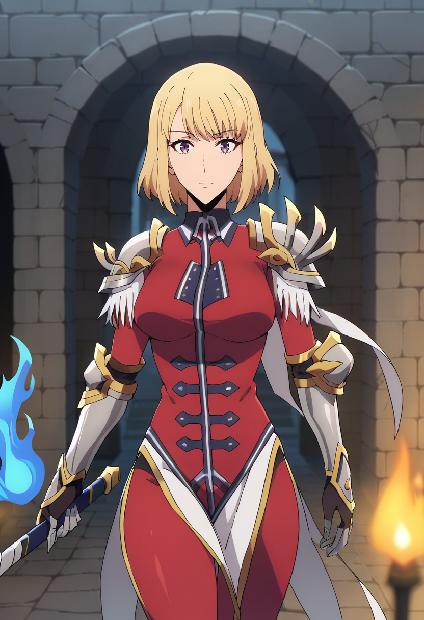 score_9, score_8_up, score_7_up,
<lora:SoloLeveling_ChaHae-InXL:0.8>, ChaHaeInSL,
1girl, solo, closed mouth,
blonde hair, medium hair, purple eyes,
ChaHaeInArmor, red bodysuit, shoulder armor, gauntlets, military, pelvic curtain, holding sword,
(standing:1.2), looking at the viewer, thigh gap,
indoors, dungeon, stone wall, wall, stone, blurry background, (blue fire, torch:1.2)