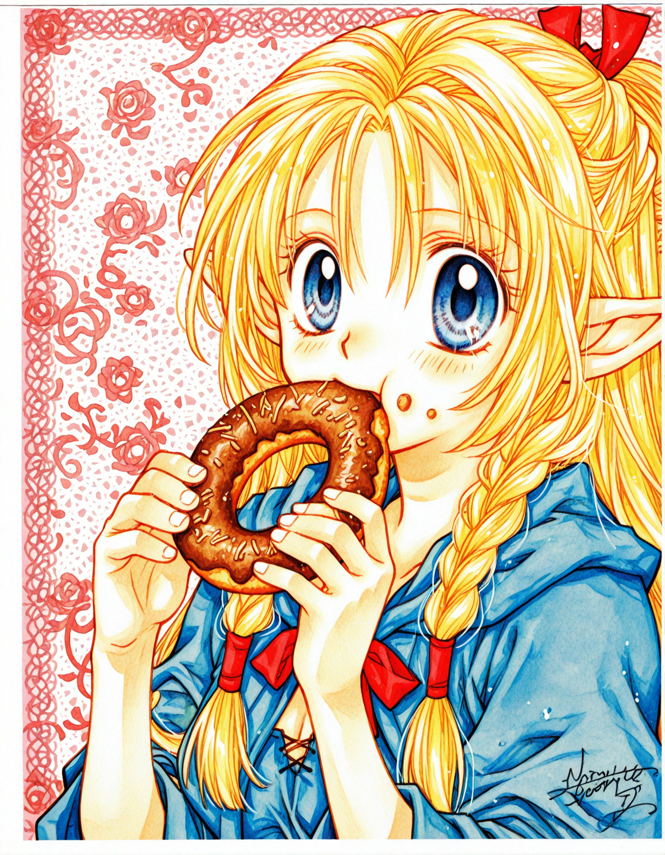 1girl,<lora:ribbon_style> ,watercolor \(medium\),marcille donato, fantasy background,eating,upper_body,joy,doughnut, 
<lora:dmd2_sdxl_4step_lora_fp16:1>