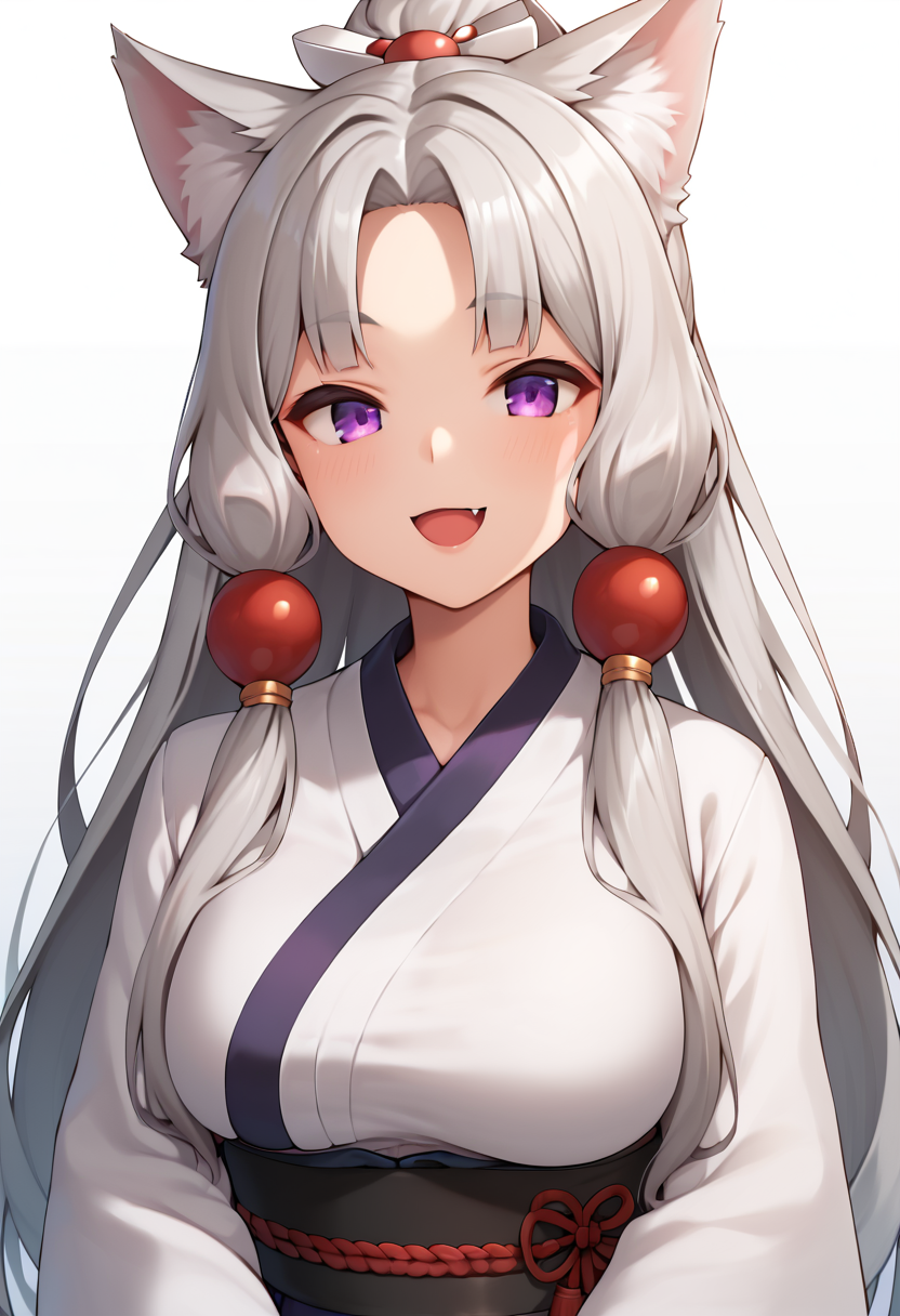 score_9, score_8_up, score_7_up, score_6_up, score_5_up, score_4_up, source_anime, rating:general, 
BREAK,
1girl, solo, looking at viewer, smile, open mouth, standing, white background, 
 <lora:touhoku_itako_ponyXL:1> touhoku itako, grey hair, long hair, fox ears, animal ear fluff, sidelocks, hair ornament, purple eyes,