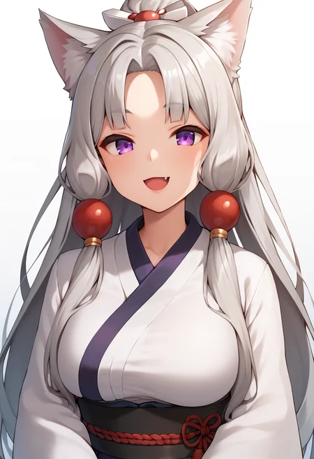score_9, score_8_up, score_7_up, score_6_up, score_5_up, score_4_up, source_anime, rating:general, 
BREAK,
1girl, solo, looking at viewer, smile, open mouth, standing, white background, 
 <lora:touhoku_itako_ponyXL:1> touhoku itako, grey hair, long hair, fox ears, animal ear fluff, sidelocks, hair ornament, purple eyes,