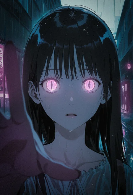 by kukka, by zuharu,
reaching, foreshortening, anime coloring, flat color, limited palette, purple palette, glowing theme,
1girl, portrait, black hair, straight hair, looking at viewer, 
outdoors, rain, unusually open eyes, vanishing point, depth of field, ultra-detailed eyes, slit pupils, 
very awa, best quality, highres, masterpiece,
<lora:nhl-002-nai:0.7> nhl-002,