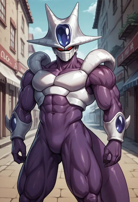 score_9, score_8_up, score_7_up, source_anime, coolerdb, 1boy, solo, colored skin, purple skin, mask, tail, red eyes, armor, looking at viewer, BREAK, outdoors