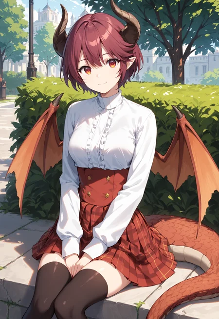 score_9, score_8_up, score_7_up, score_6_up, source_anime, high res image, masterpiece, best quality, grea, dragon tail BREAK
white shirt, red plaid skirt, pleated skirt, high-waist, short hair, shiny hair, slight smile, closed mouth, sitting, ultra detailed eyes, hands on lap, black thighhighs, park background, looking at viewer, facing viewer, <lora:Grea_v3_rank8:1>