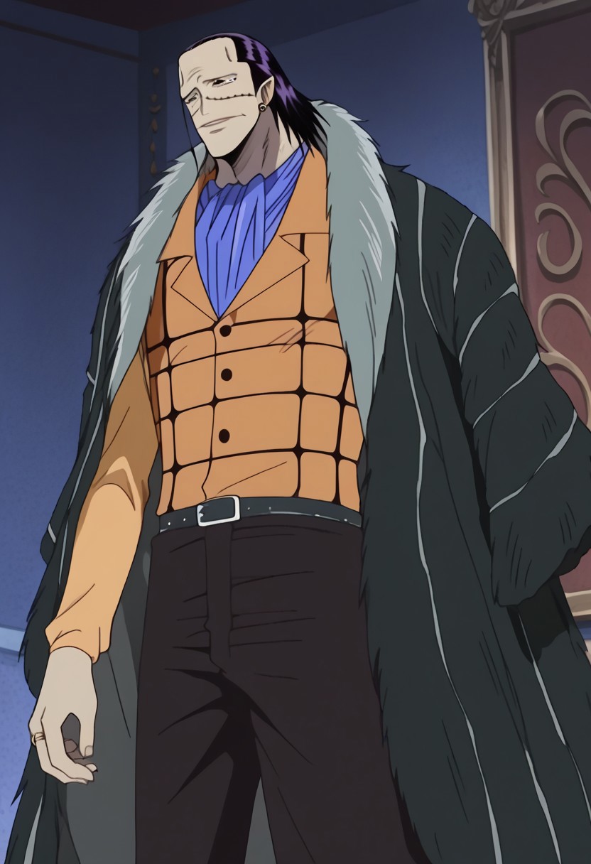 score_9, score_8_up, score_7_up, source_anime, rating_safe, CrocodileOP, black-purple_Croco_hair, Croco_scar across face, yellow_Croco_single earring, black eyes, 1boy, male focus, anime screencap, black_Crocoi_fur coat, orange-black_Croco_shirt, blue_Croco_ascot, black_Croco_pants, black_buttons