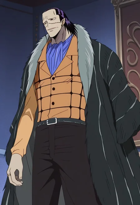 score_9, score_8_up, score_7_up, source_anime, rating_safe, CrocodileOP, black-purple_Croco_hair, Croco_scar across face, yellow_Croco_single earring, black eyes, 1boy, male focus, anime screencap, black_Crocoi_fur coat, orange-black_Croco_shirt, blue_Croco_ascot, black_Croco_pants, black_buttons