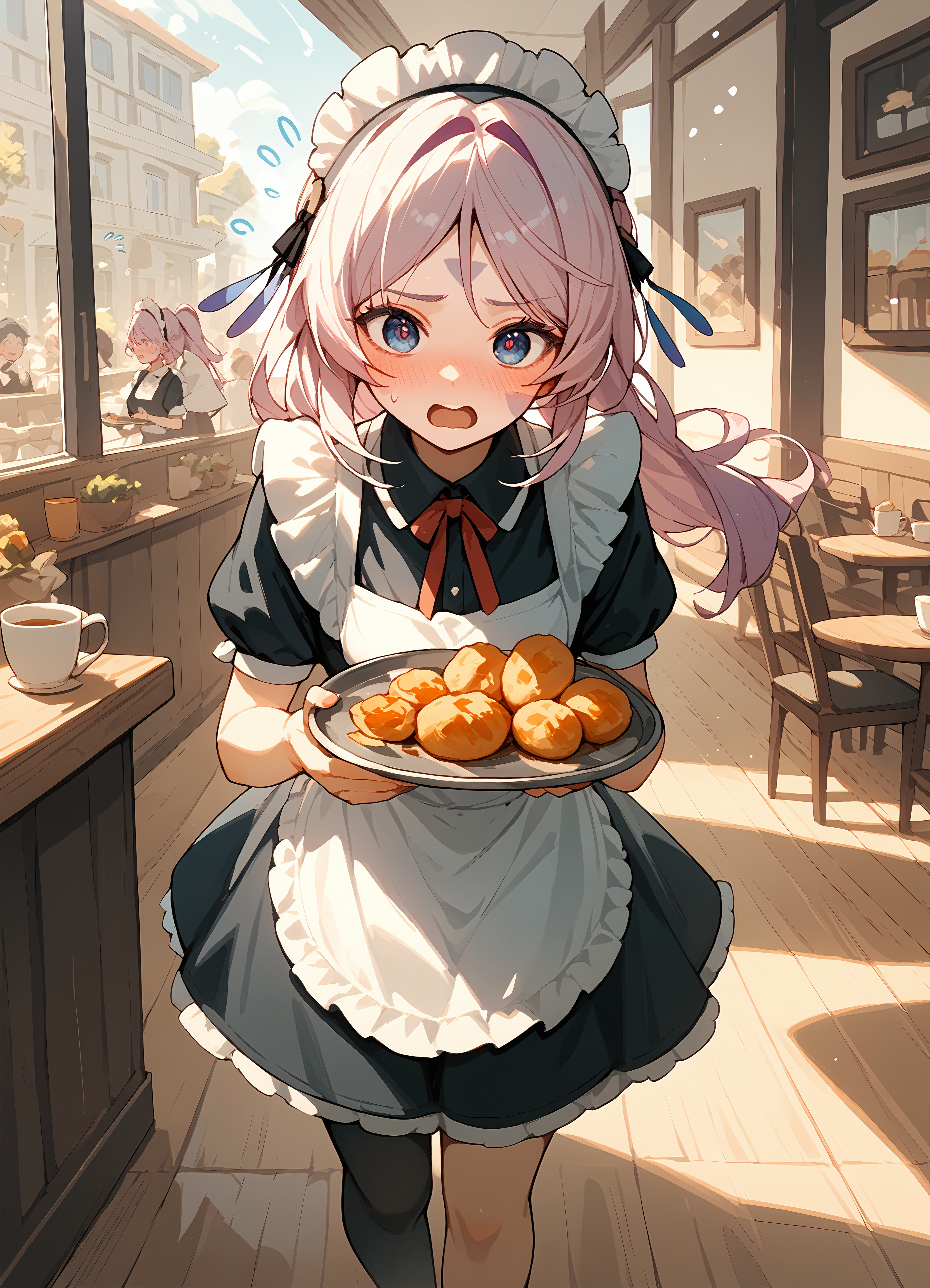 (score_9, score_8_up, score_7_up), 1girl, solo, citlali, hair ornament, maid apron, maid headdress, sweeping, blush, holding tray, food, open mouth, flying sweatdrops, running, cafe, indoors, <lora:citlali-giPO-v1c:0.9>