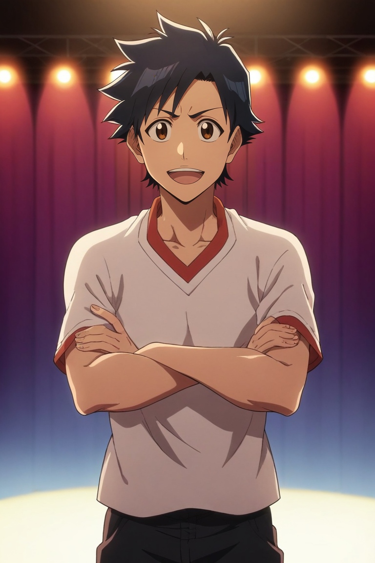 score_9, score_8_up, score_7_up, source_anime, , rating_safe, , looking at viewer, , 1boy, ash ketchum, pokemon, black hair, brown eyes, solo, asymmetrical, concert, stage, stage lights, idol, indoors, crossed arms, laughing, <lora:bleach_tybw_style_pony:1.08>, bleach_tybw_style, , <lora:sdxl_lightning_8step_lora:1>