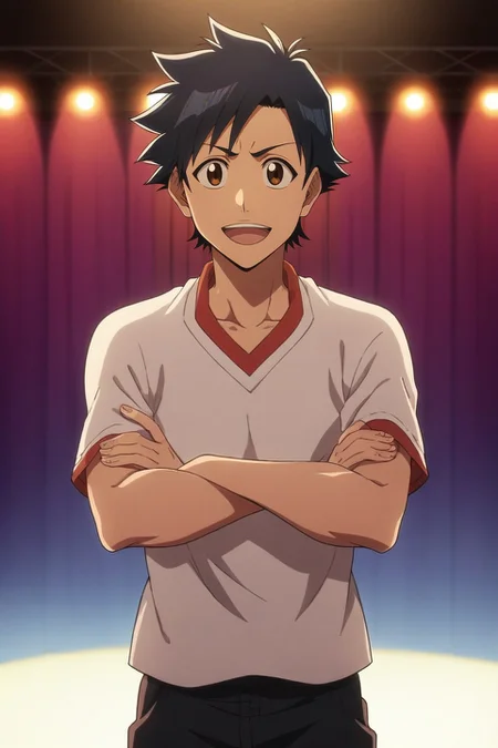 score_9, score_8_up, score_7_up, source_anime, , rating_safe, , looking at viewer, , 1boy, ash ketchum, pokemon, black hair, brown eyes, solo, asymmetrical, concert, stage, stage lights, idol, indoors, crossed arms, laughing, <lora:bleach_tybw_style_pony:1.08>, bleach_tybw_style, , <lora:sdxl_lightning_8step_lora:1>