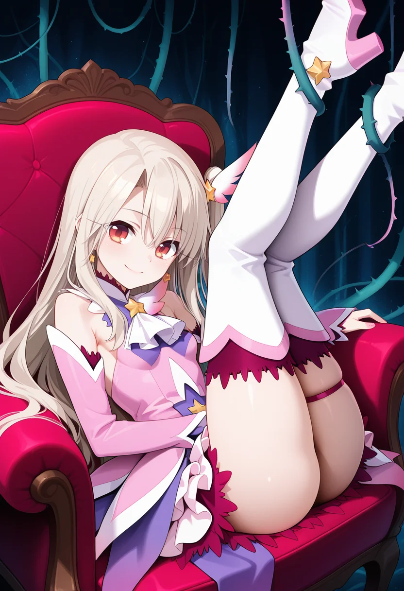 <lora:prisma_illya_zwei_form.v2:1>,illyasviel von einzbern,prisma illya,magical girl,hair ornament,detached sleeves,star \(symbol\),earrings,jewelry,dress,one side up,skirt,pink sleeves,layered skirt,thighhighs,thigh boots,
from_side,legs_over_head,feet out of frame,thighs,legs up,thorns,vines,lying on chair,breasts,looking at viewer,smile,
masterpiece,best quality,amazing quality,