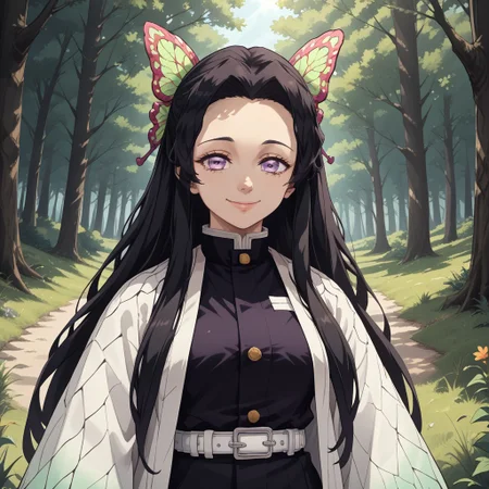 score_9, score_8, BREAK, solo, Kanae_Kochou_(Demon_Slayer), black hair, long hair, violet eyes, butterfly hair ornament, black shirt, white coat, wide sleeves, white belt, black pants, sandals, self portrait, smile, looking at viewer, outdoors, sunlight, shadows, evening lighting, natural lighting, forest, trees, grass, orange sky, sunset