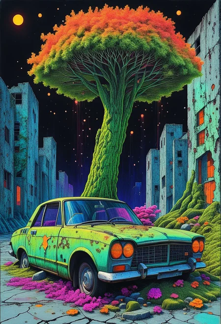 acidillust, A tree growing out of a broken car in an abandoned city, with glowing moss and surreal flowers. Acid illustration style, highly textured.