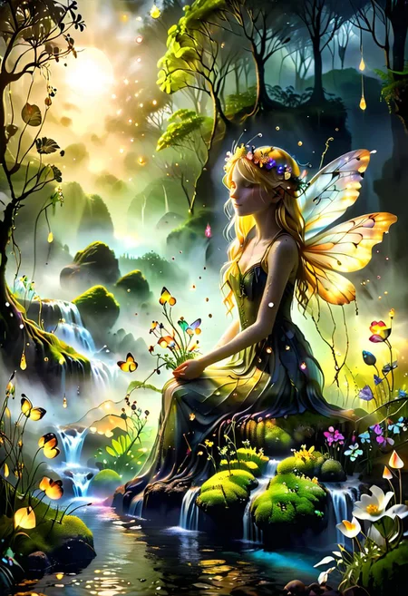 A vibrant and enchanting close up head shot photo of a cute and happy young girl with freckles and flowing blonde hair and a flower crown, sitting on a foggy riverbank by a waterfall in a dark eerie misty magical forest on the summer solstice. shallow depth of field, realistic, skin pores, imperfections. She is looking at friendly bioluminescent fairies with crystal sparkling luminous wings, fireflies and woodland creatures, with the sun setting in the background, casting a golden glow over the scene. The lush greenery and colorful white flowers make the image lively and captivating, perfect for celebrating a summer birthday. Extremely detailed, intricate, whimsical, magical, mysterious, mesmerising, alcohol inks, reflections