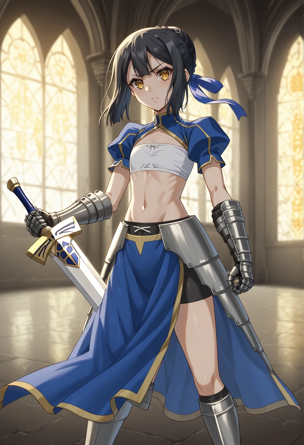 1girl, solo, flat chest, black hair, medium hair, yellow eyes, hairpin, single hair bun, braid, tube top, blue shirt, clothing cutout, short sleeves, puffy sleeves, gauntlets, armor, bike shorts, long skirt, side slit, greaves, ribbon, holding sword, excalibur \(fate/stay night\), indoors, castle, sunrise stance, looking at viewer  <lora:Miyu_Pony_v2:1>, score_9, score_8_up, score_7_up, score_6_up, score_5_up, score_4_up, BREAK source_anime, masterpiece