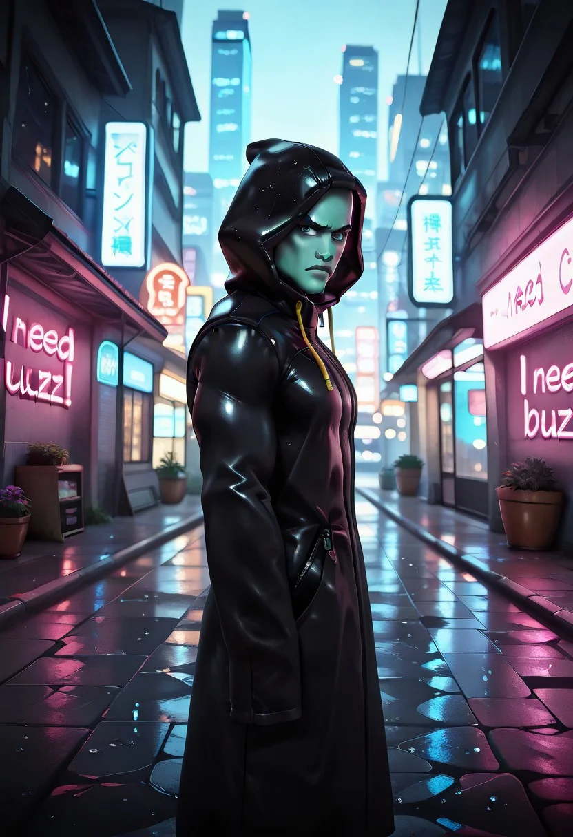 masterpiece,best quality,amazing quality,very aesthetic,absurdres,newest, beautiful color,
1man, muscular, wide body, tall, wet skin, wet hair,
detailed hands, outdoors, city, night time, raining, side view, looking forwards, determined look, serious expression, frowning, zipper, sleeves past fingers, hood, black coat, sleeves past wrists, long sleeves, coat, hood up, 3d, neon sign in background that says "i need buzz", need_buzz, sign in background, dynamic pose,
SquidwardTentacles,