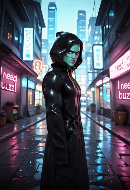 masterpiece,best quality,amazing quality,very aesthetic,absurdres,newest, beautiful color,
1man, muscular, wide body, tall, wet skin, wet hair,
detailed hands, outdoors, city, night time, raining, side view, looking forwards, determined look, serious expression, frowning, zipper, sleeves past fingers, hood, black coat, sleeves past wrists, long sleeves, coat, hood up, 3d, neon sign in background that says "i need buzz", need_buzz, sign in background, dynamic pose,
SquidwardTentacles,