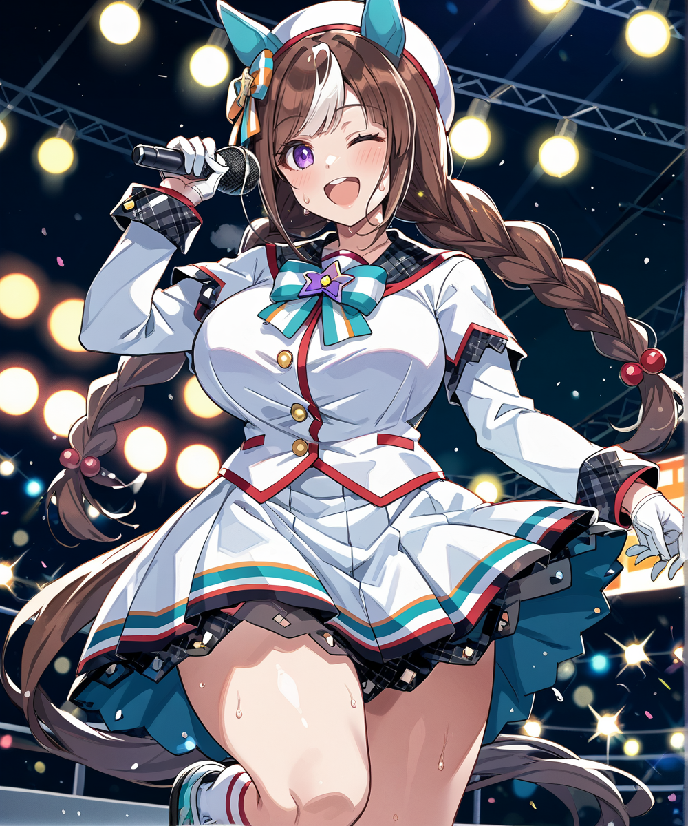 score_9,score_8_up,score_7_up,2D animation style,source_anime,anime screencap,rating_explicit,best quality,masterpiece,Japanese Anime Style,(solo),(1girl),smile,open mouth,looking at viewer,<lora:uma_hokko_tarumae_ponyxl:0.9>,hokko tarumae (umamusume),brown hair,two-tone hair,horse girl,horse ears,ear cover,horse tail,white headwear,hair bow,striped bow,sailor collar,collarbone,white jacket,half gloves,(mismatched gloves),(black gloves:1.1),(white gloves:1.1),long sleeves,bowtie,white skirt,white socks,shoes,sneakers,large breasts,screaming,hand up,sweat,stage badkground,singing,idol concert,stage lights,light particles,curtain,full body view,one eye closed,(holding microphone),arm up,happy,hand up,thick thighs,large breasts,(steaming body:1.2),