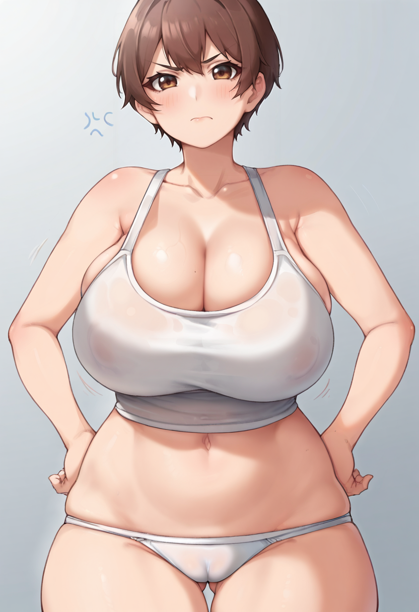score_9, score_7_up,  1girl, 
huge breasts, wide hips, thick thighs, v-shaped eyebrows, navel, very short hair, white panties, alternate breast size, hands on own hips, taut clothes, panties, cameltoe, tank top, annoyed, short hair, breasts, thighs, bouncing breasts, belly, collarbone, plump, thigh gap, cleavage, solo, brown hair, covered nipples, armpit crease, stomach, looking at viewer, brown eyes, cowboy shot, closed mouth, underwear, tareme, blush
 <lora:box20502017-Style-PonyXL-GLoRA-000045:1>