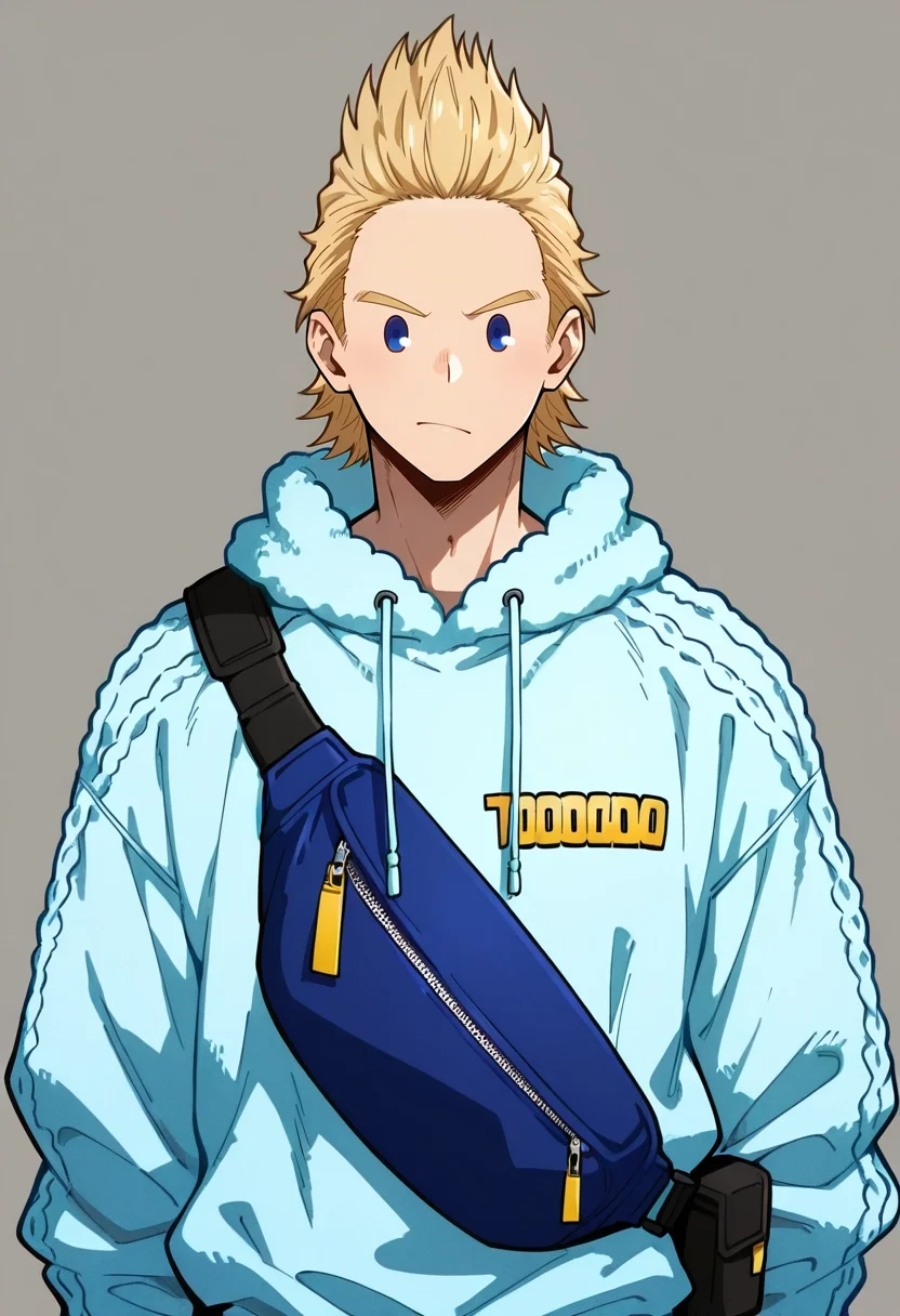 masterpiece, best quality, , , , 1boy, solo, male focus, <lora:mirio_toogata_ilxl:0.98>, mirio_toogata, blonde hair, blue eyes, short hair, spiked hair, , , Cotton NavyBlue Striated Fleece joggers, Fleece pullover, , , Fanny Pack and and