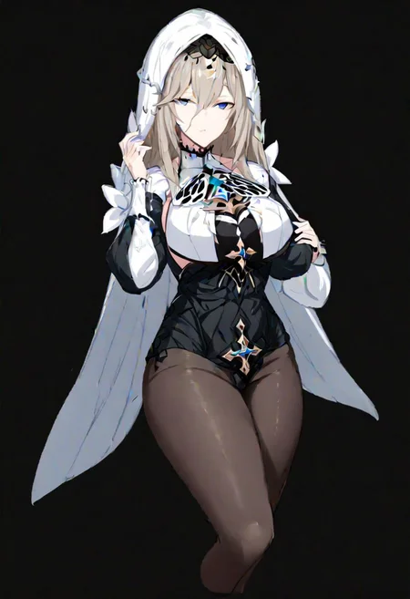 aponia \(honkai impact\), 
(aponia, nun, def clothe), 1girl, breasts, bangs,blue eyes,long hair, hair between eyes, blue butterfly, longsleeves,veil, 
masterpiece, best quality, very aesthetic, absurdres, 1milf, 1adult, solo, full_body, tachi-e,