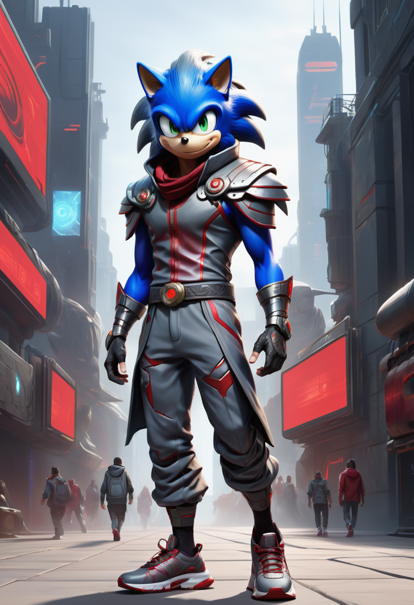 hyper detailed masterpiece, dynamic, awesome quality, male battle mage,  midlife hourglass, inuit, ruby red eyes,  roman nose,  low jawline, defined cheeks,   lean torso,  , grey textured crop hair, insecurity, augmented stride, character walks confidently with one foot forward, head slightly tilted, and eyes focused on a virtual display only they can see, sonic soundwave sonic wings wearing  holo-stitched yoga leggings,  holo-hoodie, nanofiber running shoes, graphene head wrap, , augmented stride, character walks confidently with one foot forward, head slightly tilted, and eyes focused on a virtual display only they can see, gritty urban cyberpunk