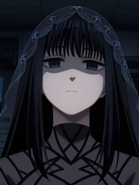 <lora:Osaragi:0.8>, osaragi, 1girl, solo, dark gray eyes, long black hair, bangs, hair veil, long gothic black dress, high collar, shaded face, deadpan, expressionless, serious, narrowed eyes, dead stare, closed mouth, head tilt, looking at viewer, portrait, low angle, indoors, server room