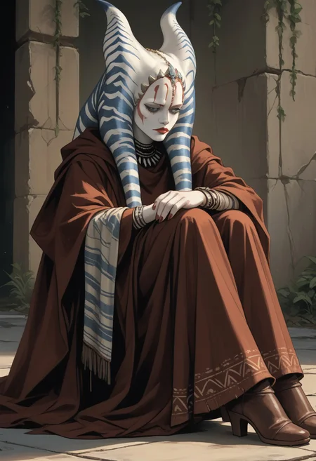 score_9, score_8_up, score_7_up, score_6_up, 1girl, (score_9, score_8_up:1,1), score_7_up,1 girl, perfect face, Togruta Shaak Ti sits in a chair. She has a pumped-up body with colorful tattoos covering her arms, torso, and legs, showing off a mix of tribal and abstract patterns. gothic clothing, high-heeled boots, The background is an uncultivated garden, a mystical, ominous atmosphere. The entire scene is lit with a wild mix of neon colors like red, blue, and purple, giving it a surreal, trippy look. The art style is a killer mix of comic book and fantasy, with hyperrealistic textures and bright, dynamic colors.