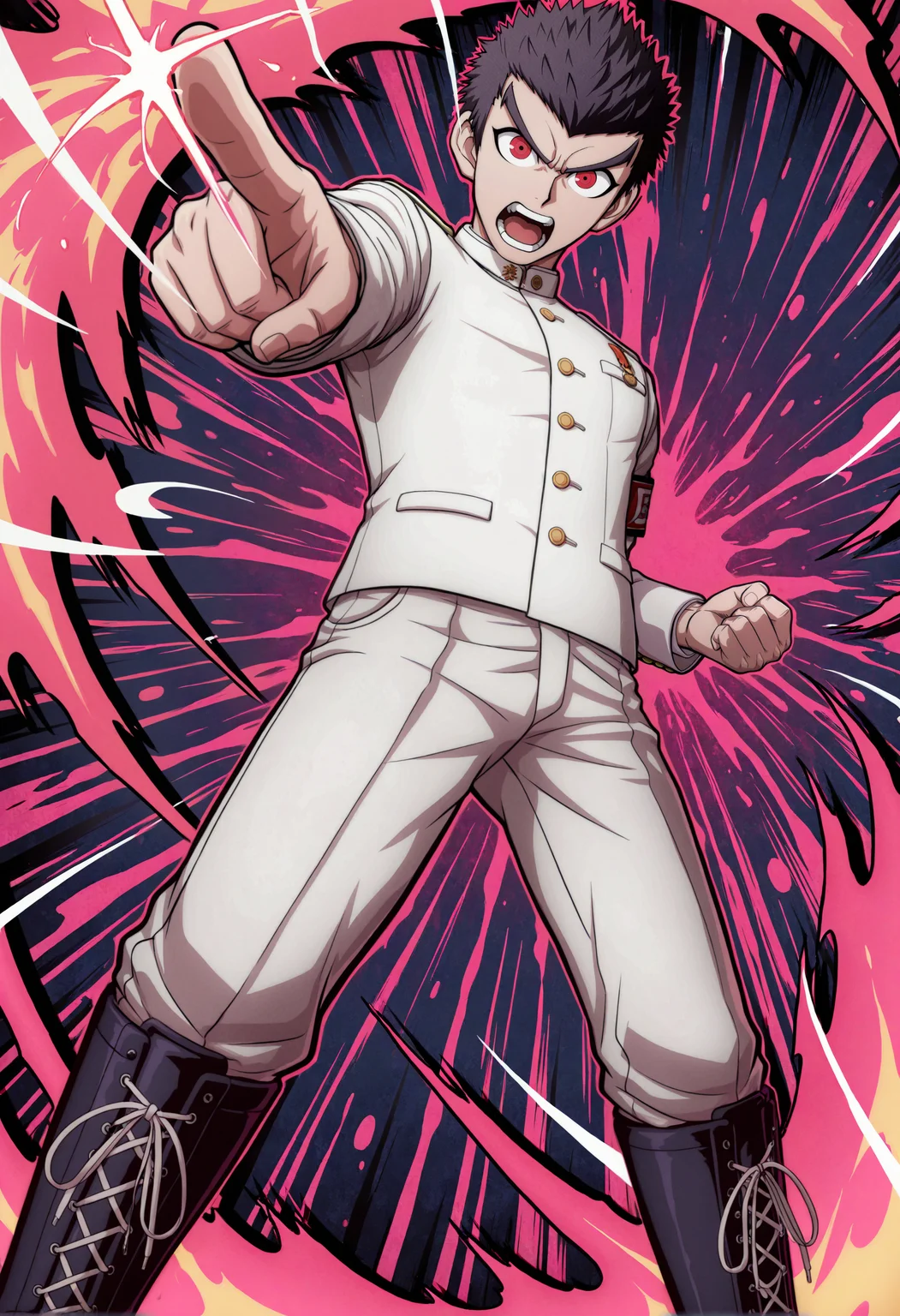 artist:, masterpiece, best quality, newest, absurdres, highres, very awa, 1boy, male, male focus, bara, official style, ishimaru kiyotaka, white gakuran, red armband, solo, boots, pointing, school uniform, open mouth, gakuran, pointing at viewer, clenched hand, looking at viewer, standing, knee boots, cross-laced footwear, pants, black footwear, jacket, white pants, long sleeves, pocket, lace-up boots, teeth, angry, foreshortening, (split theme:1.2), pink splatter background