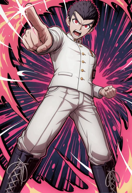 artist:, masterpiece, best quality, newest, absurdres, highres, very awa, 1boy, male, male focus, bara, official style, ishimaru kiyotaka, white gakuran, red armband, solo, boots, pointing, school uniform, open mouth, gakuran, pointing at viewer, clenched hand, looking at viewer, standing, knee boots, cross-laced footwear, pants, black footwear, jacket, white pants, long sleeves, pocket, lace-up boots, teeth, angry, foreshortening, (split theme:1.2), pink splatter background