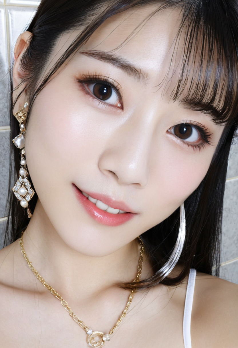 photo of a japanese woman named pornmaster saika ,face,Selfie,solo, black hair, long hair, looking at viewer, parted lips, bangs,indoors,makeup,Long eyelashes, eyeliner, eye bags,Exquisite necklace,tile wall,bathroom,spaghetti strap white dress, smile ,Upper Body,close-up,Beautiful earrings,Selfie,A smile that seduces the audience,<lora:PornMaster-Japanese babe-sdxl-V1-lora:0.7>