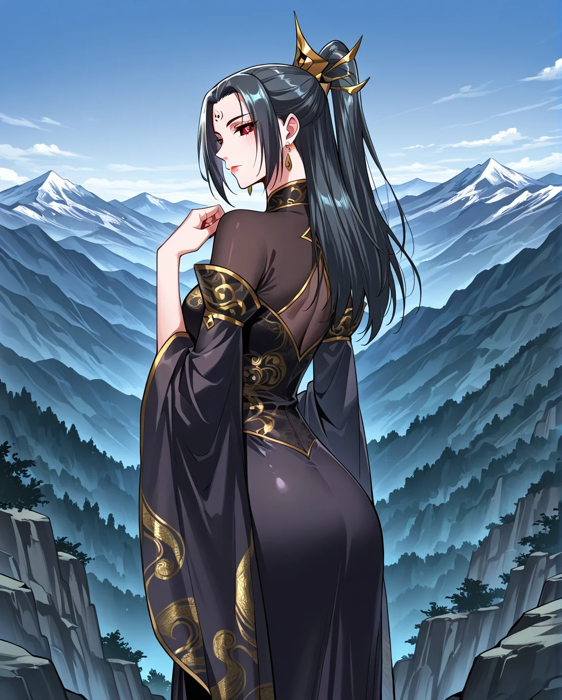 <lora:Hei_Yanyu (2):1>
1 girl, solo, long hair, black hair, red eyes, black sclera
chinese clothes, black dress, long dress, jewelry, earrings, wide sleeves, facial mark, hair ornament, ponytail, forehead mark, ponytail, lipstick
score_9, score_8_up, score_7_up, source anime, BREAK, cowboy shot, (from side), looking back, looking at viewer, overlooking mountain, high altitude, scenery, exterior, background, (solo), perfect hands