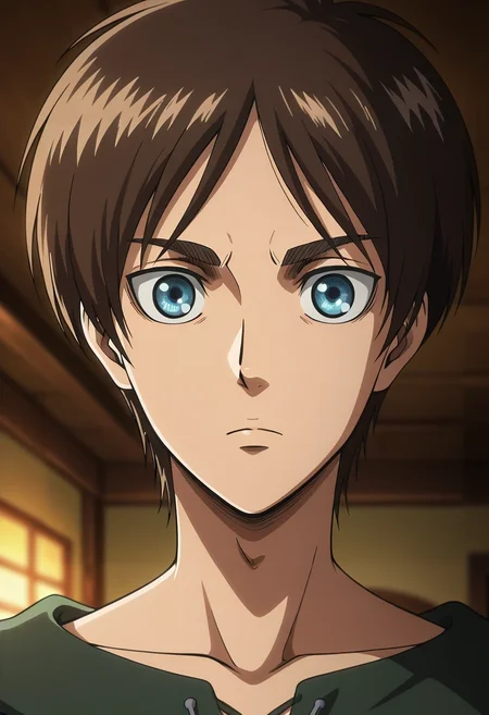masterpiece, best quality, , anime screencap, , official style, , depth of field, 1boy, solo, male focus, <lora:eren_yeager_ilxl:0.8>, eren_yeager_s4, brown hair, blue eyes, short hair, ,