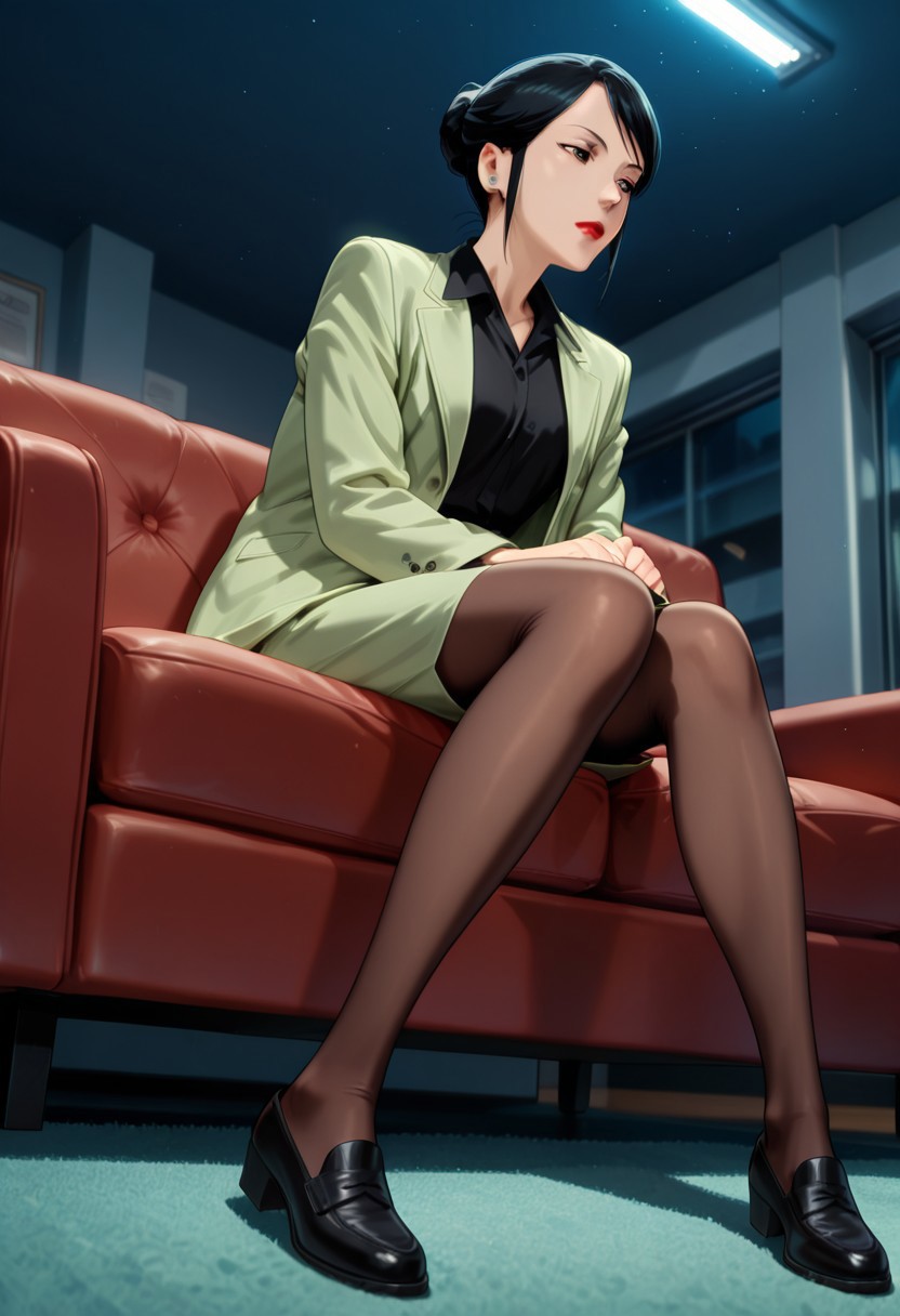 masterpiece, best quality, newest, absurdres, CG, anime, source anime, illustration, very aesthetic, high resolution, ultra-detailed, newest, scenery, medium depth of field, rule of thirds, masterpiece-level, clean lines, sharp, focused subject
1girl, solo, AtsukoChiba, 1girl, black hair, lipstick, red lips, hair bun, earrings,
collared shirt,black shirt, green jacket, pencil skirt, green skirt, brown pantyhose, shoes
dynamic pose, sitting on the sofa, looking around, expressionless, hands joined in the lap, from below
indoors, office, red leather sofa, night, moonlight, long shadows on the floor, carpet
cinematic angle, detailed background, beautiful background, (rays light:1.0),(grow:1.0), light particles, motion lines, from both sides