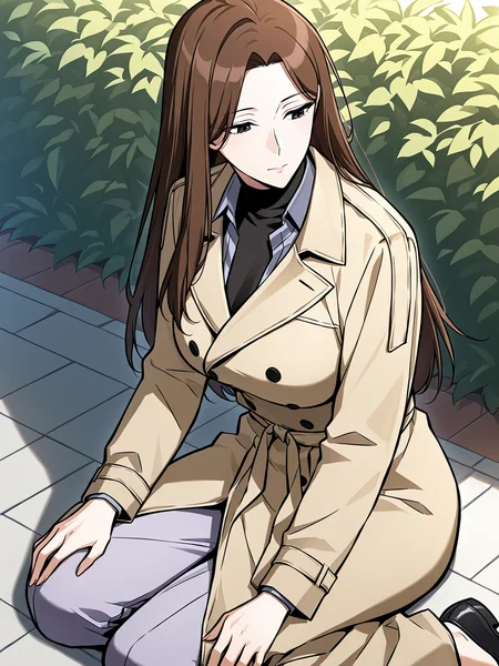 <lora:Omniscient_Readers_Viewpoint__Lee_Sookyun:1>
1 girl, solo, long hair, brown hair, straight hair, center parted hair, black eyes, mature female,
beige trench coat, long coat, double breasted coat, tied waist belt, black undershirt, navy dress shirt, lavender pants, white slip-on shoes,
score_9, score_8_up, score_7_up, masterpiece, best quality, absurdres, perfect anatomy, 1girl, solo, wariza, sitting, hands on own knees, garden background