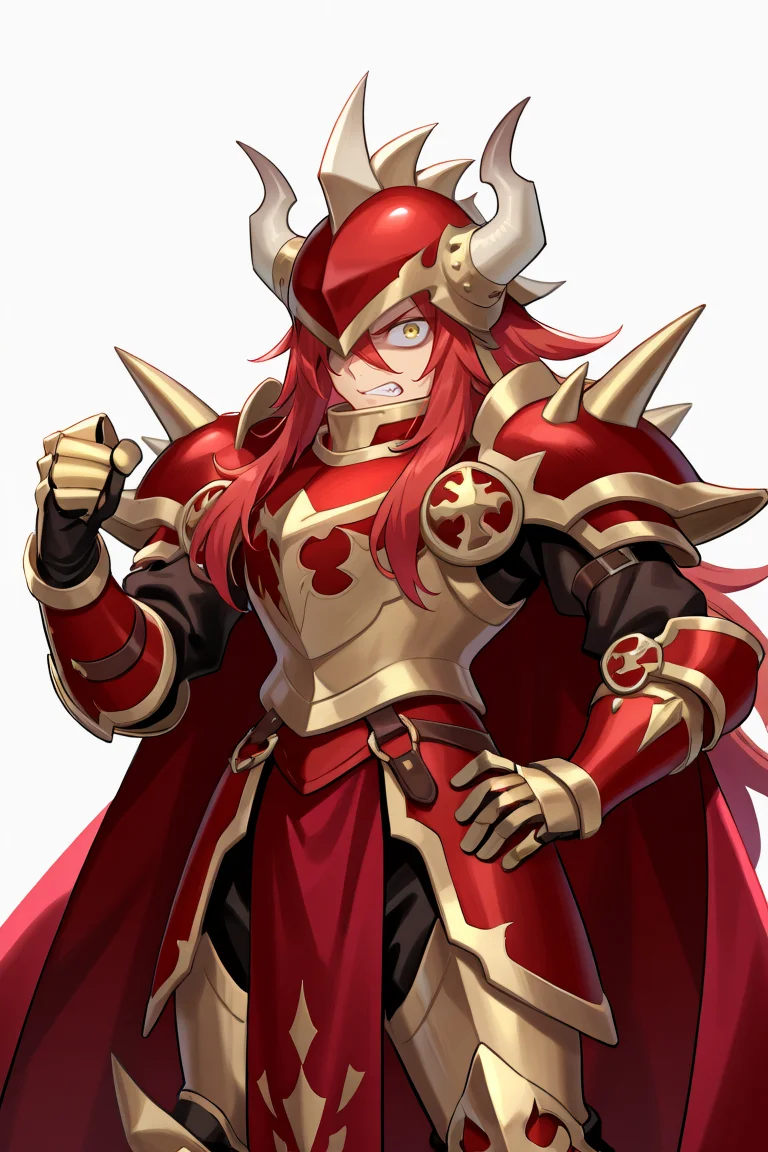 <lora:GulcasaIL:0.8> , guldef, (1boy), red hair, long hair, hair between eyes, yellow eyes, (armor), full armor, spikes, shoulder armor, one eye covered, horned helmet, spiked helmet, horned headwear, shoulder spikes, cape, red cape, pauldrons, gauntlets, greaves, cowboy shot, one hand on hip, angry, looking at viewer, masterpiece, very aesthetic, absurdres, best quality, amazing quality, high resolution, detailed background, <lora:illustrious_quality_modifiers_masterpieces_v1:0.8> , <lora:ChamIllustriousBackgroundEnhancer:0.5>