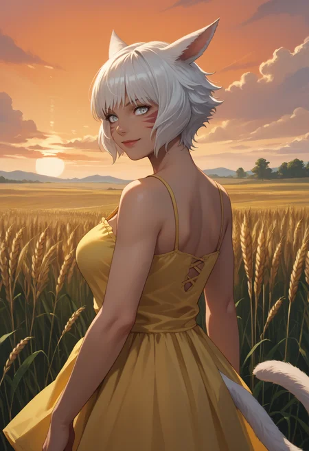 score_9, score_8_up, score_7_up, detailed, 1girl, solo, shtla, dark-skinned female, slit pupils, animal ears, tail, whisker markings, short hair, large breasts, <lora:YshtolaRhulPDXL_V1-Manityro-CAME:1.0>,
grey eyes, white hair, yellow sundress, sleeveless,
looking at viewer, smile, looking back, fit,
outdoors, wheat field, sunset,