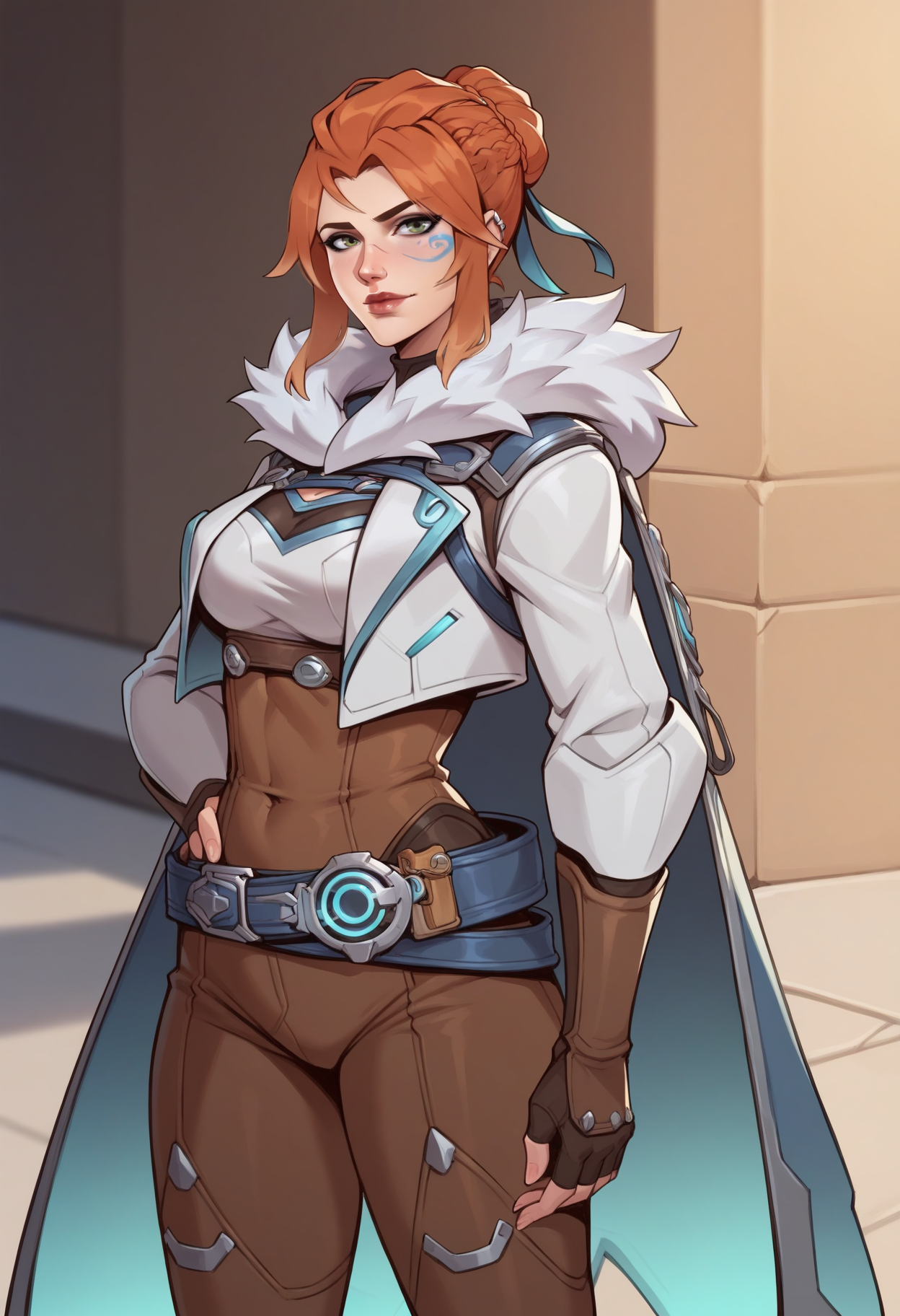score_9, score_8_up, score_7_up, source_anime, <lora:frejaPony:1> BREAK
solo, 1 girl, ow2freja, , , cape, fur trim, , belt, gloves, cowboy shot, face paint