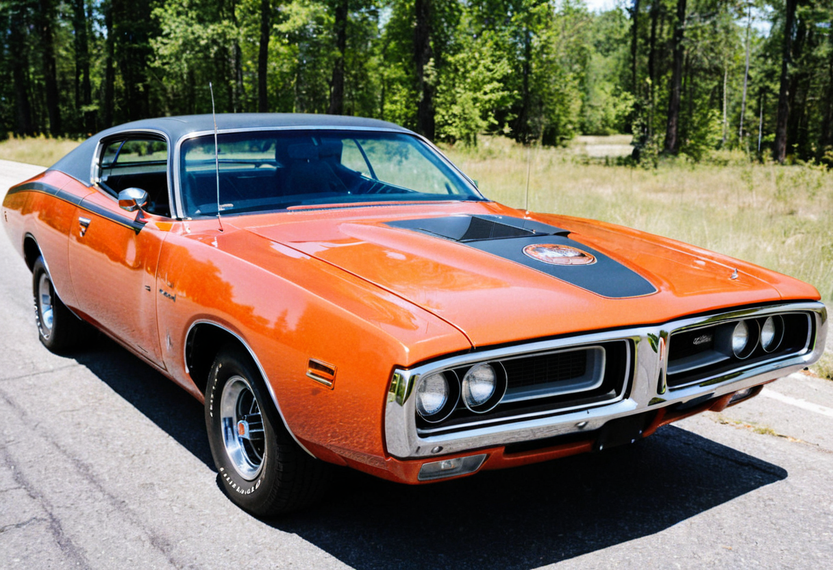 ClassicMuscleCar, orange Dodge Charger, side view, sunny, road, vegetation, trees, 4K, highly detailed, (stylish grainy analog 35mm film photo, "BUZZ")