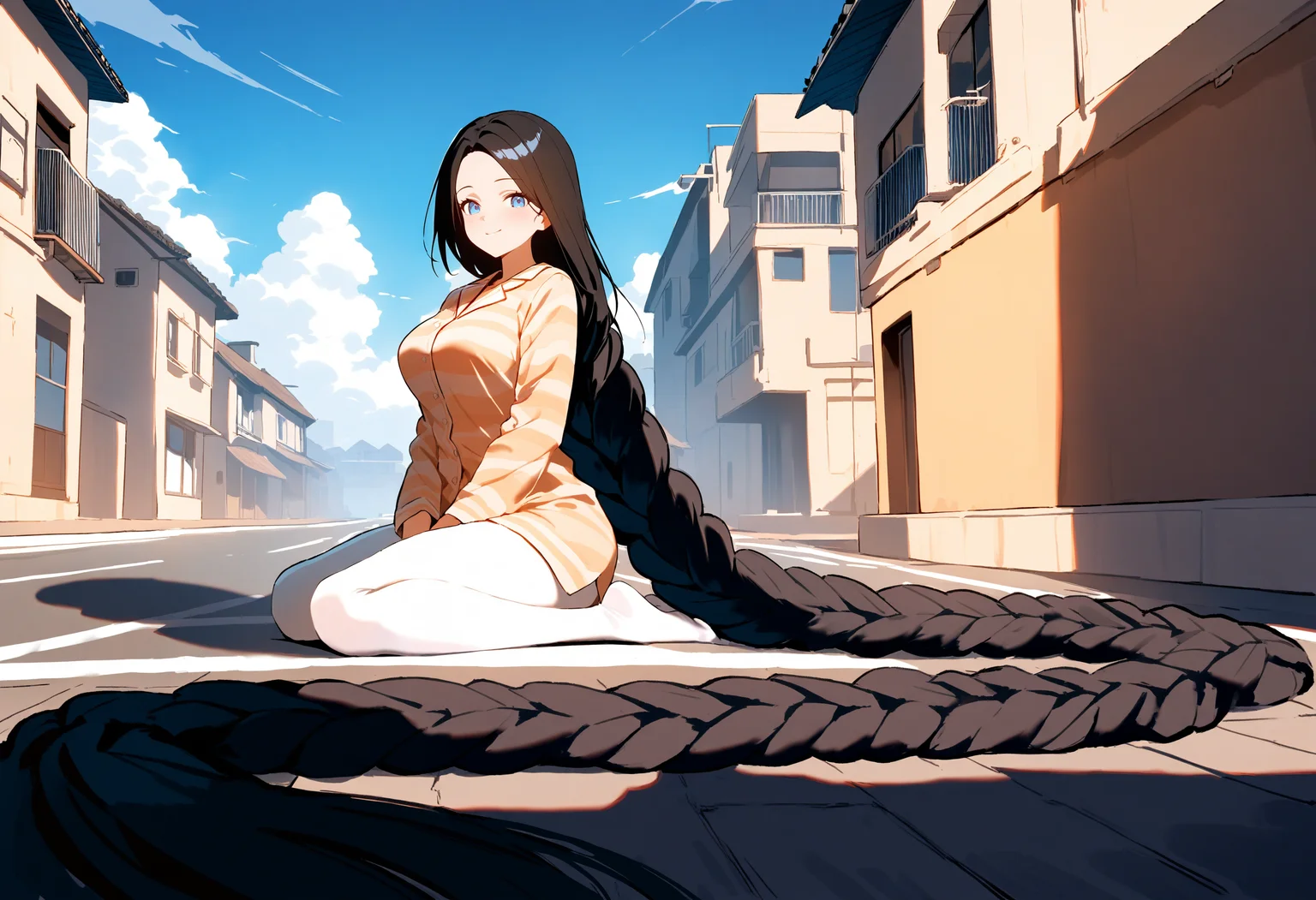 masterpiece, high score, great score, absurdres, year 2024
blue sky, clouds, sunshine, day
street, buildings, road
full body
wariza
smile, closed mouth,
1girl, blue eyes, (black hair:1.0), parted bangs, straight hair
(gigantic braid:1.3), singled braid
hair spread out
medium breasts, white pantyhose, white pajamas