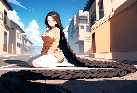 masterpiece, high score, great score, absurdres, year 2024
blue sky, clouds, sunshine, day
street, buildings, road
full body
wariza
smile, closed mouth, 
1girl, blue eyes, (black hair:1.0), parted bangs, straight hair
(gigantic braid:1.3), singled braid
hair spread out
medium breasts, white pantyhose, white pajamas