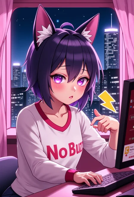 a very cute girl, cat ears, pouting, purple star big eyes, eyes filled with tears, casual clothes, sitting in her pink room, windows open to a big city lit up at night. The girl is showing you a computer screen with red graphics facing down and saying "No BUZZ!" and a yellow lightning bolt icon on the side of the screen.