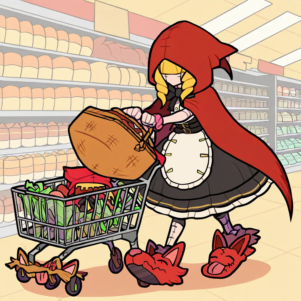 highres, best quality, masterpiece, very aesthetic, newest, <lora:ChaperomonIllustrious-000009:1>,1girl,solo,chaperomon,red hood,ribbon,dress,cape,stitched face,blonde hair, full body, holding basket,walking,indoors,grocery store,freezers,animal slippers,shopping cart