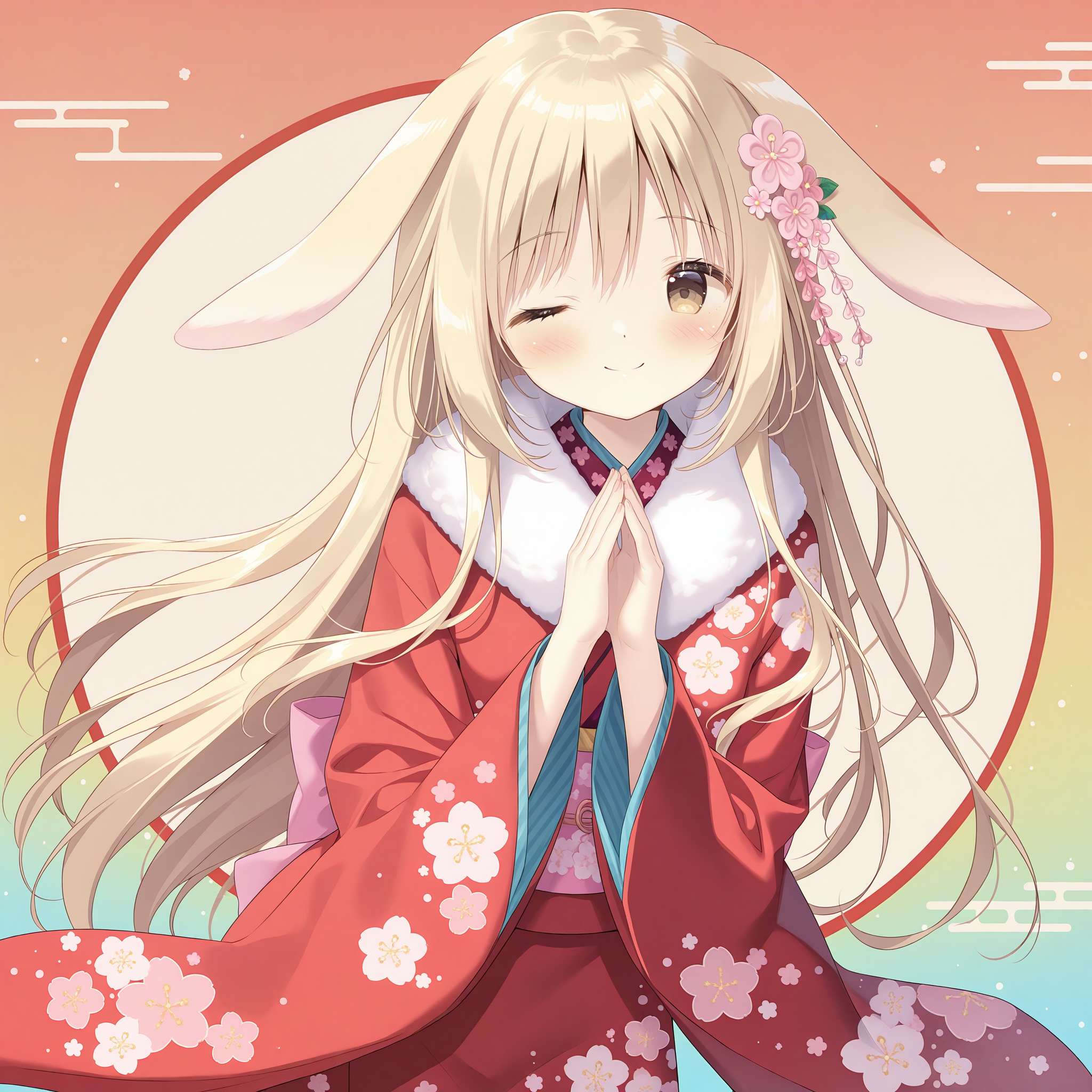 <lora:Momose_Mitsuki_2_nai-000023:1>,Momose Mitsuki,rabbit ears,
hair flower,pink flower,hair ornament,japanese clothes,wide sleeves,print kimono,long sleeves,red kimono,floral print,back bow,pink bow,fur collar,white fur,
BREAK
1girl,solo,smile,one eye closed,front view,pray,multicolored background,