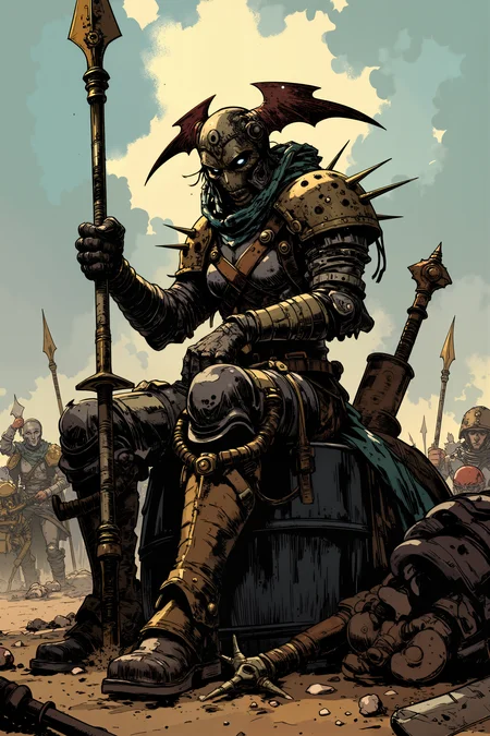 A warforged veteran sits perfectly still on a barrel, cleaning her ethereal spear with methodical precision. Her body is a mix of darkwood and adamantine plates, modified for stealth operations with additional armor pieces magically grafted to her frame. Throwing spikes protrude from her forearms, and a backup sword is magnetically attached to her back. The military camp around her bustles with activity as soldiers prepare for the next deployment. Her face is an expressionless mask of metal and crystal, eyes glowing with blue energy, while various sensors and magical detection devices are built into her helm.  Fantastic lighting. Detailed shadows.intricate details, vivid colors, hyper-detailed, ultra-sharp<lora:Ev_Ganin:0.4><lora:Vintage comic book:0.4><lora:RetroAnimeFluxV1:0.15><lora:Greg_Capullo_style:0.4><lora:jeanClaude_Mzires_Style_FLUX-000001:0.4><lora:Flux_Ink_Anime:0.4>