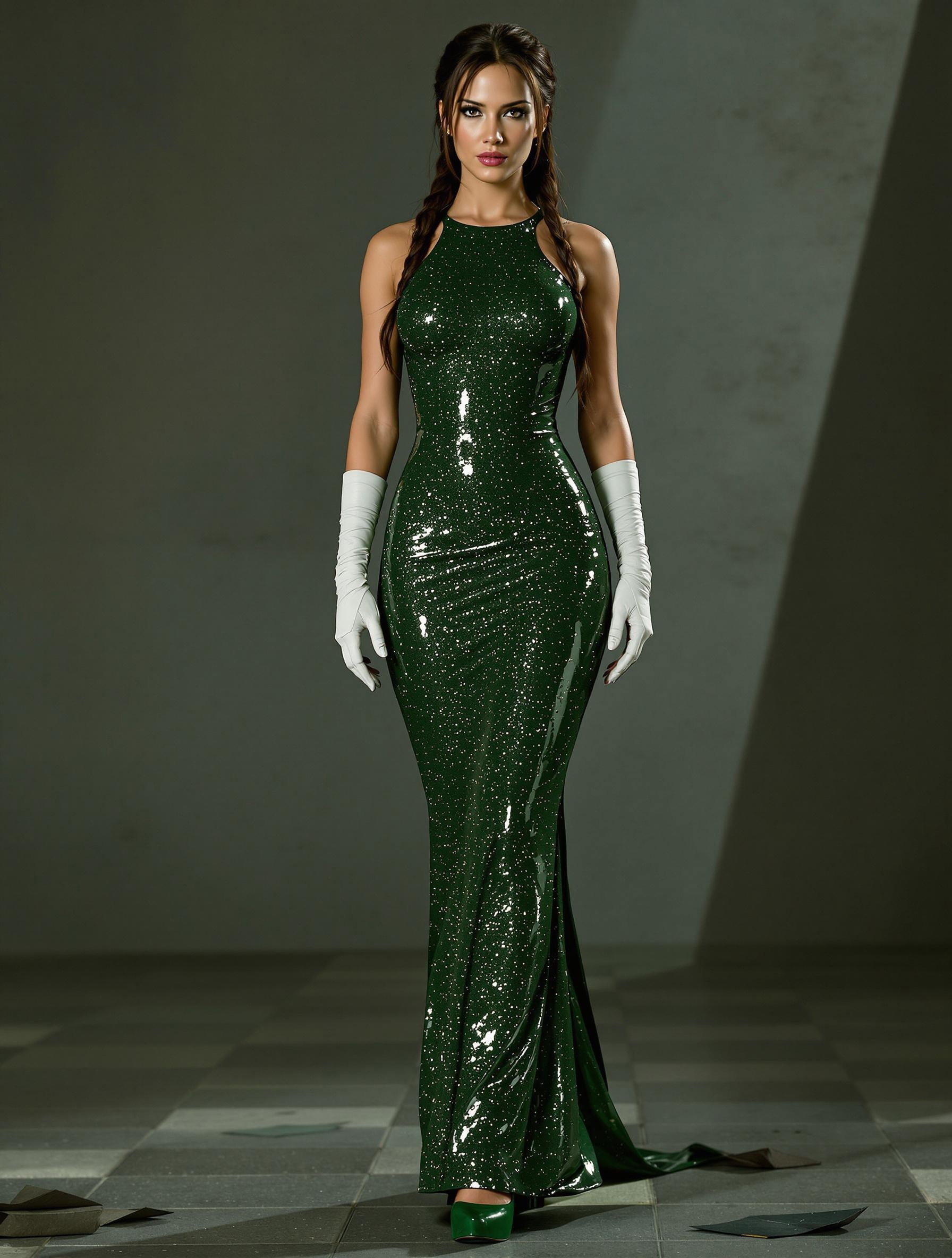 Full body shot of Lara Croft from Tomb raider wearing a long and tight sleeveless sparkly green latex maxi dress that goes down to the middle of her lower leg, she is wearing green high heels and white gloved sleeves over her arms that go up to the top of her arms. She has a beautiful face. She has as long hair as rapunzel in a plait and has a very large butt. She has large breasts and pretty eyes and the perfect hourglass figure