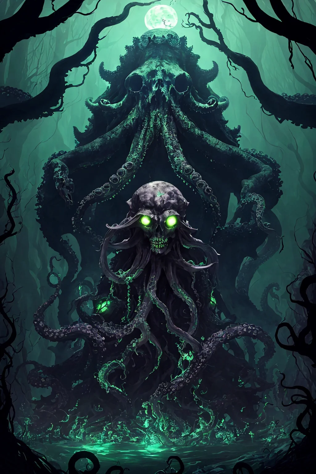 dark swamp eldritch monster (skull face:1.2) rising out of the water moss slime vines (octopus tentacles:1.2) churning water fireflies midnight moonlight backlight (masterpiece:1.2) (illustration:1.2) (best quality) (detailed) (intricate) (8k) (HDR) (wallpaper) (cinematic lighting) (sharp focus)