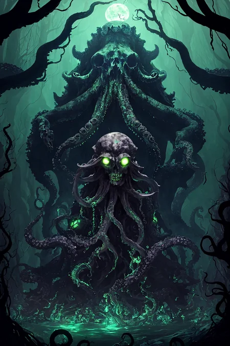 dark swamp eldritch monster (skull face:1.2) rising out of the water moss slime vines (octopus tentacles:1.2) churning water fireflies midnight moonlight backlight (masterpiece:1.2) (illustration:1.2) (best quality) (detailed) (intricate) (8k) (HDR) (wallpaper) (cinematic lighting) (sharp focus)