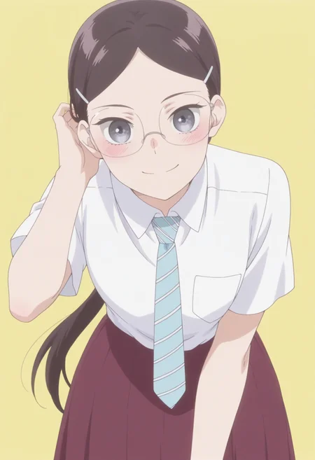anime screencap, anime coloring, <lora:DX888RikaIL:1> sonezaki rika, grey eyes, black hair, long hair , ponytail, parted bangs, hairclip, BREAK simple background, yellow background, BREAK glasses, school uniforme, white shirt, striped necktie, skirt, BREAK 1girl, blush, hand in own hair, leaning forward, looking at viewer, smile, solo,