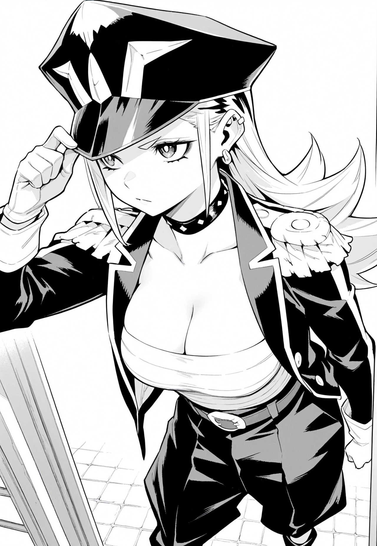 masterpiece, best quality, amazing quality, 1girl, solo, detailed beautiful eyes, white pupils, mira kamiunten, long light hair with spiky ends, 3 black bolt-shaped streaks in hair on either side of head, side bangs, sharp eyes, sharp black eyeliner, small metal rings on both earlobes, small metal stud on upper left ear, small thicker ring on upper right ear, large breasts, wide hips, manga, monochrome, long open military-style jacket with buttons and trim, epaulets, white bandaged top with cleavage, black peaked officer cap with detailing, belt with buckle, white gloves with trim, black studded leather choker, black baggy trousers, shin height black boots with trim and buckle, standing pose, neutral expression, looking forward









